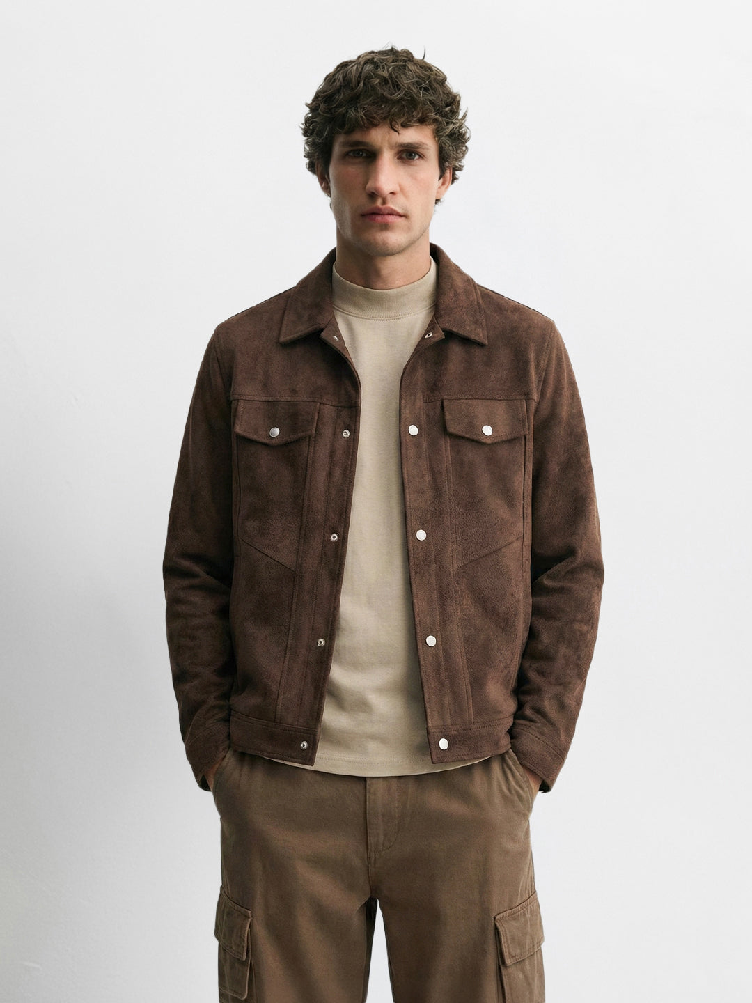 Men's Brown Slim Fit Solid Casual Trucker Jacket