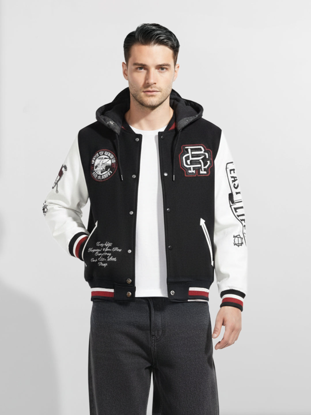 Men's Black Regular Fit Embroided Casual Jacket