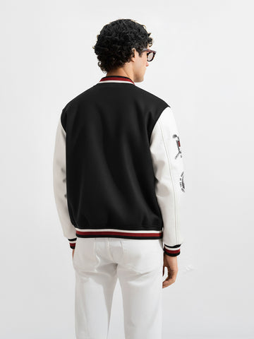 Men's Black Regular Fit Embroided Casual Bomber Jacket