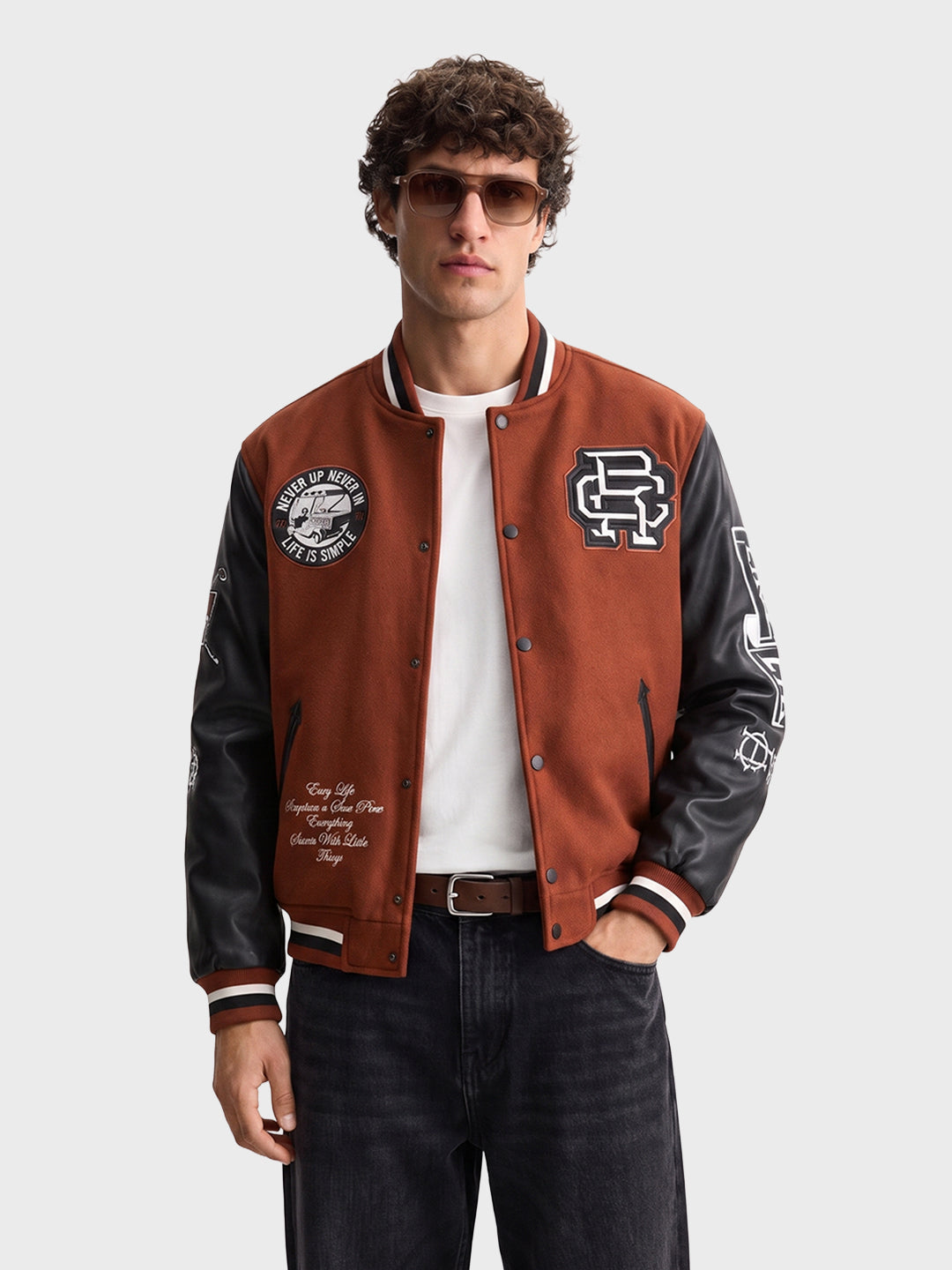 Men's Brown Regular Fit Embroidered Street Wear Jacket