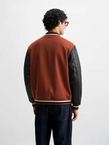 Men's Brown Regular Fit Embroided Casual Bomber Jacket