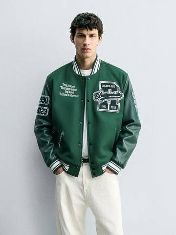 Men's Green Regular Fit Embroided Casual Bomber Jacket