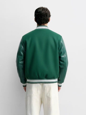 Men's Green Regular Fit Embroided Casual Bomber Jacket