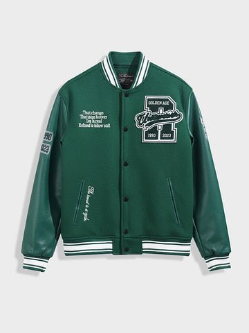 Men's Green Regular Fit Embroided Casual Bomber Jacket