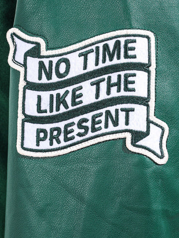 Men's Green Regular Fit Embroided Casual Bomber Jacket