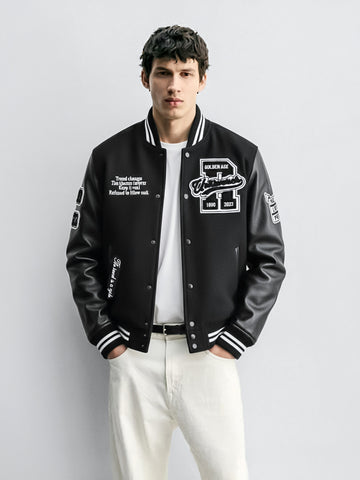 Men's Black Regular Fit Embroided Casual Bomber Jacket