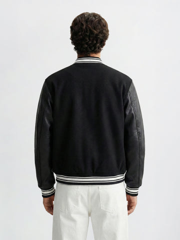 Men's Black Regular Fit Embroided Casual Bomber Jacket