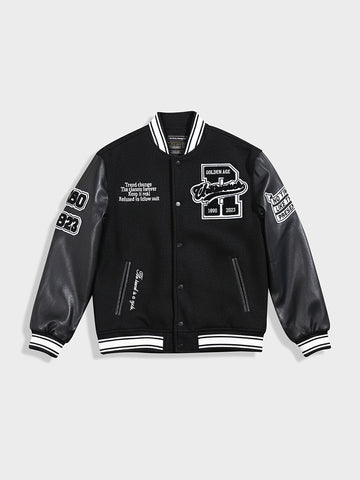 Men's Black Regular Fit Embroided Casual Bomber Jacket