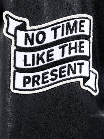 Men's Black Regular Fit Embroided Casual Bomber Jacket