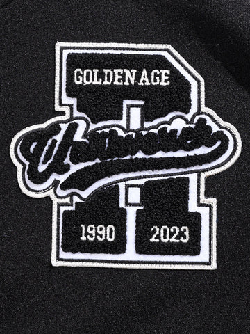 Men's Black Regular Fit Embroided Casual Bomber Jacket