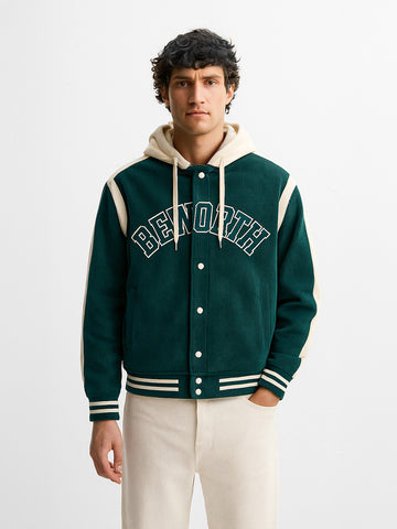 Men's Green Regular Fit Embroided Casual Bomber Jacket