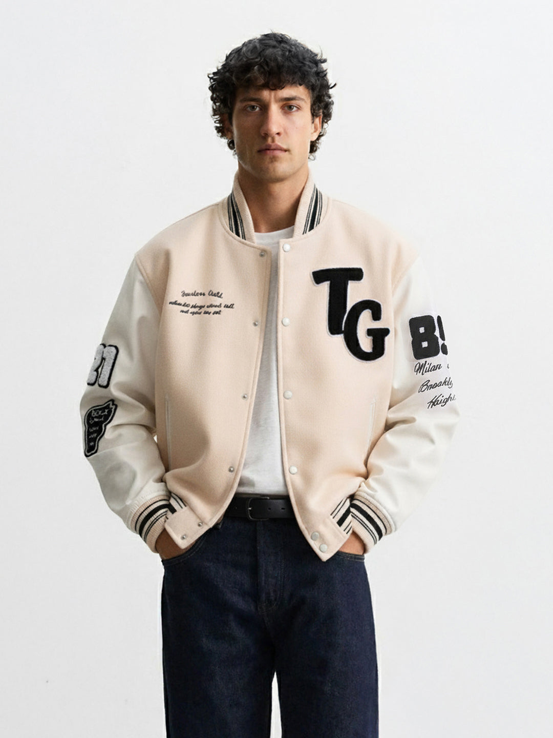Men's Cream Regular Fit Embroided Casual Jacket