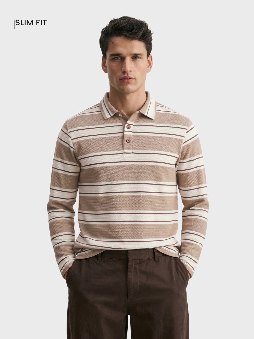 Men's Brown Slim Fit Striped Casual T-Shirt