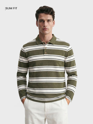 Men's Green Slim Fit Striped Casual T-Shirt
