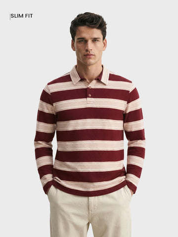 Men's Maroon Slim Fit Striped Casual T-Shirt