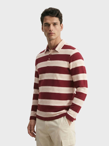 Men's Maroon Slim Fit Striped Casual T-Shirt