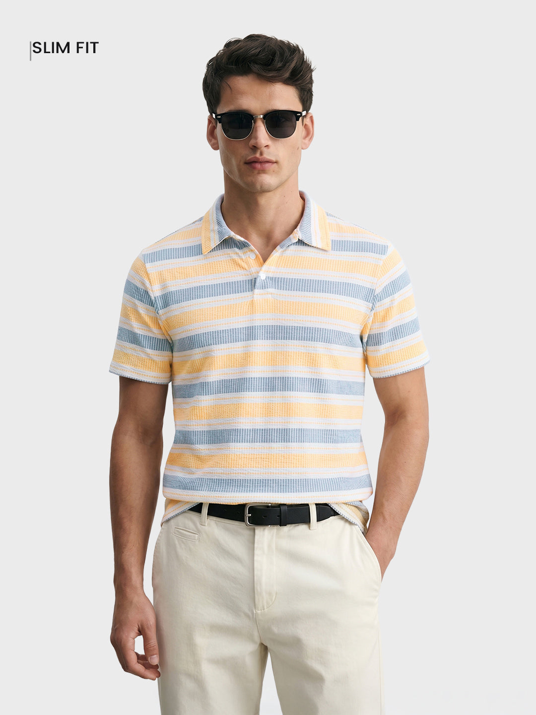 Men's Yellow Slim Fit Striped Casual T-Shirt
