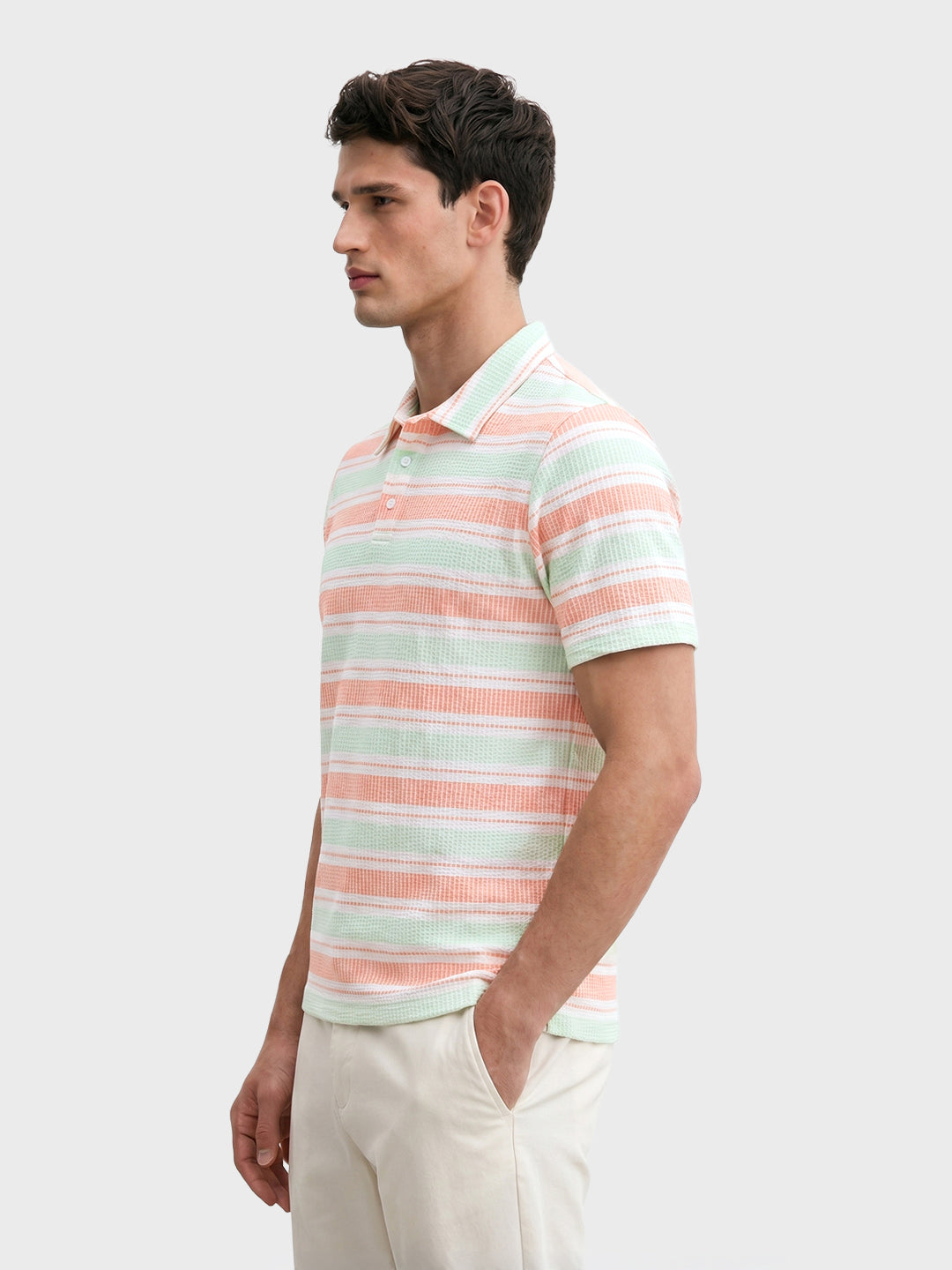 Men's Pink Slim Fit Striped Casual T-Shirt