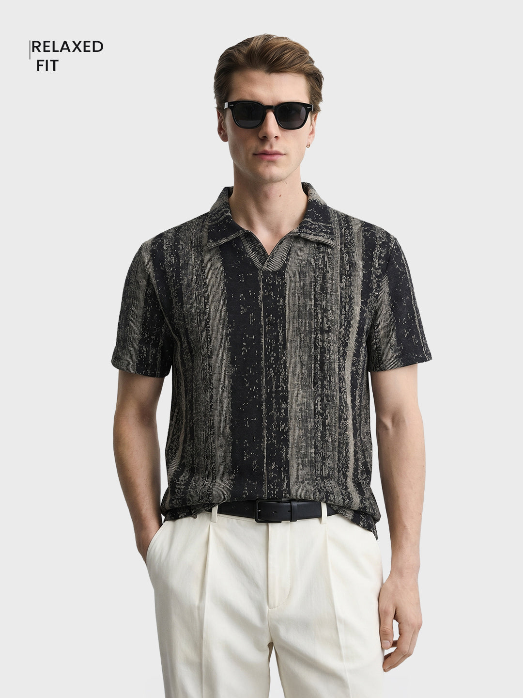 Men's Black Relaxed Fit Striped Casual T-Shirt