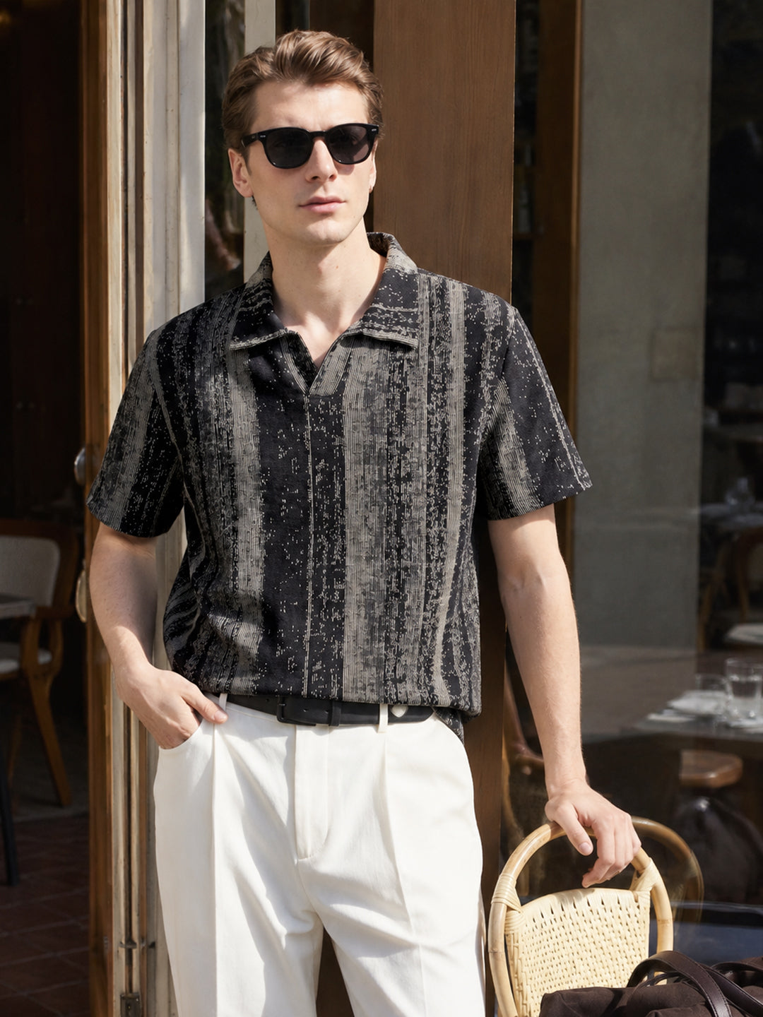 Men's Black Relaxed Fit Striped Casual T-Shirt