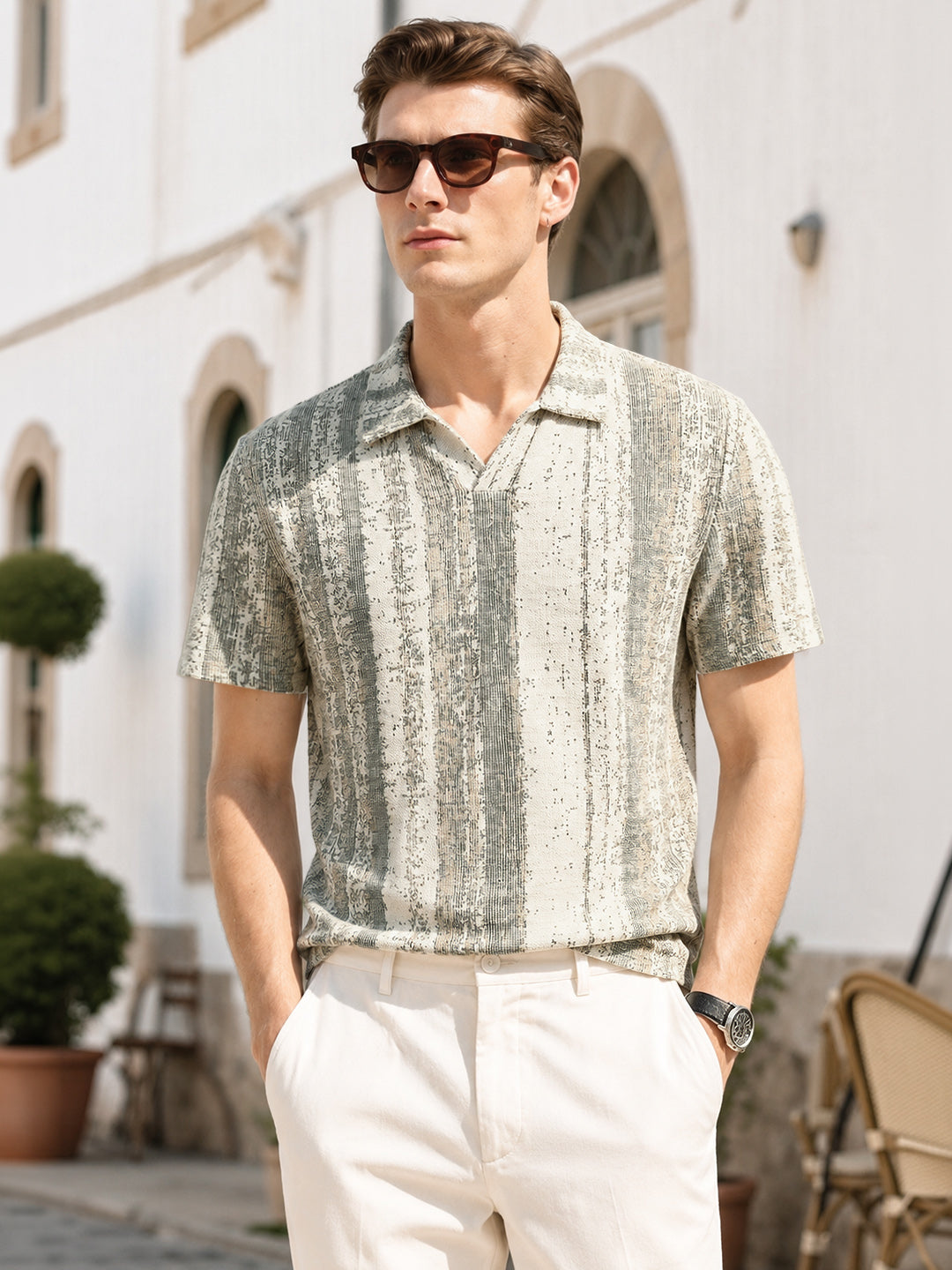 Men's Green Relaxed Fit Striped Casual T-Shirt