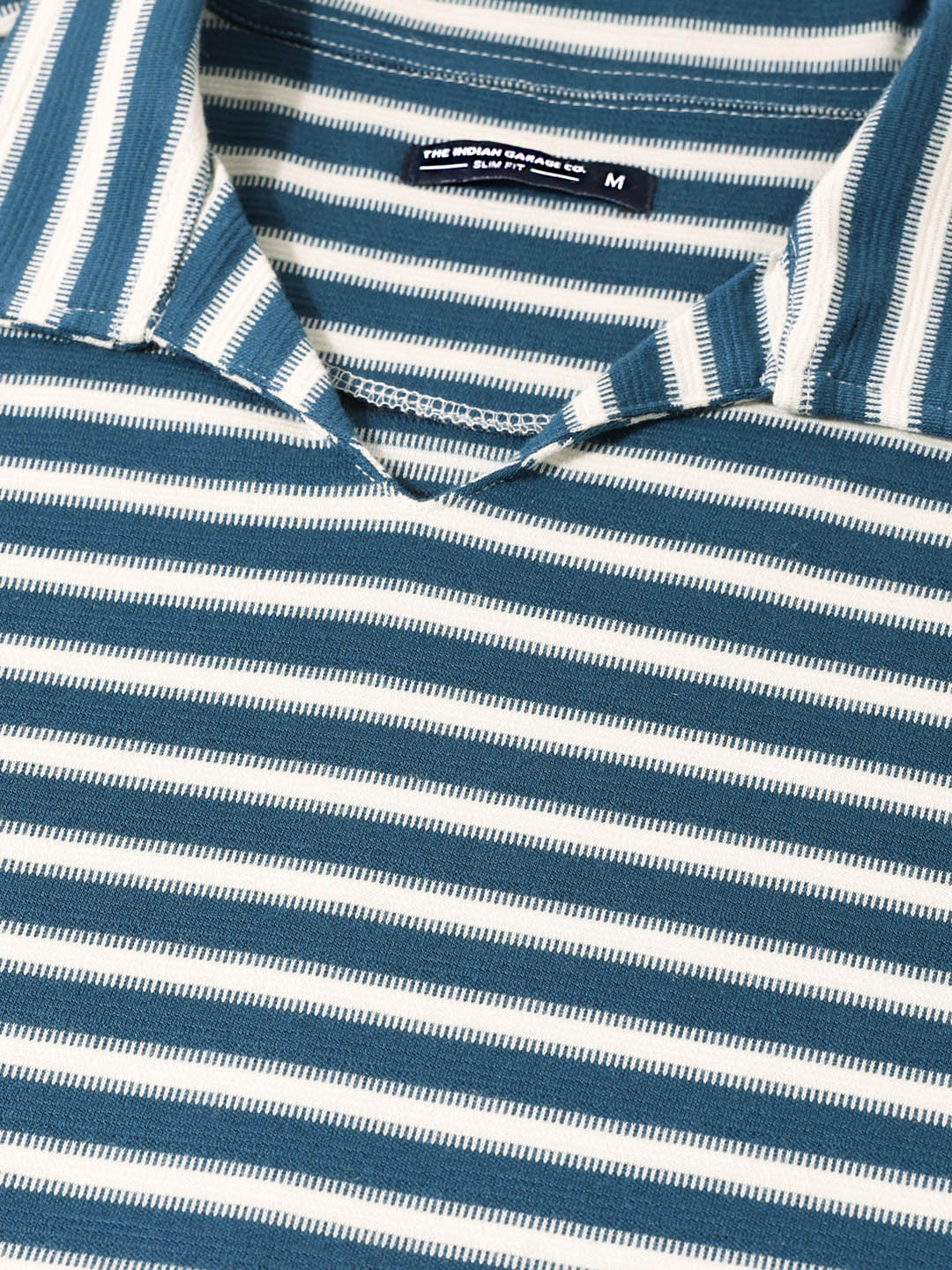 Men's Blue Slim Fit Striped Casual Polo T-Shirt
