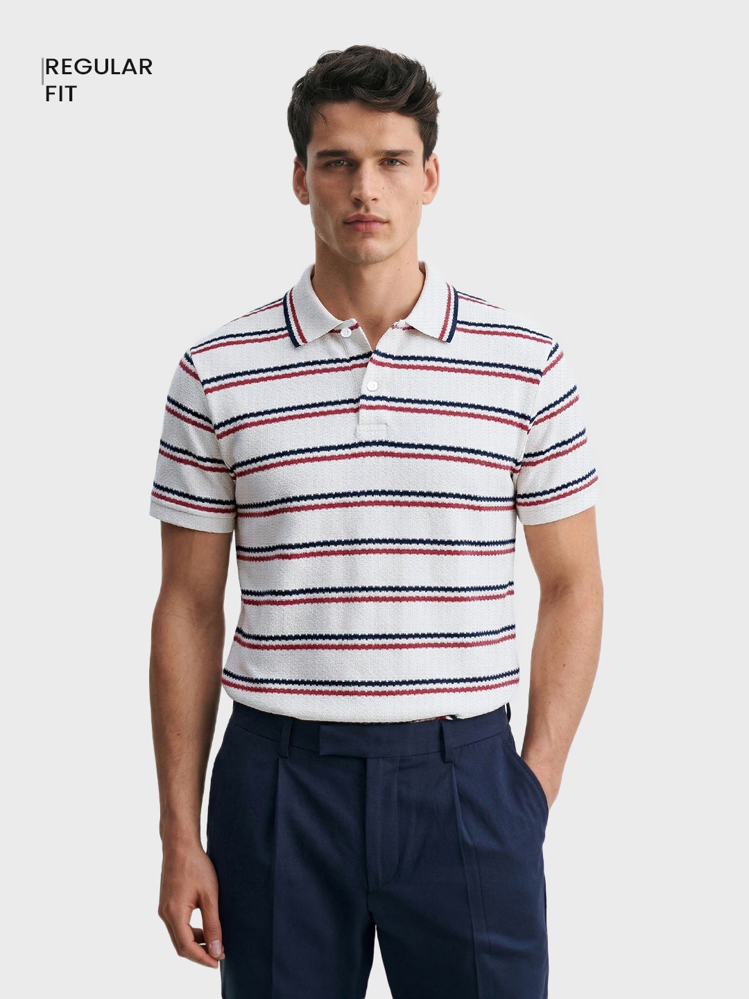 Men's White Regular Fit Striped Casual Polo T-Shirt