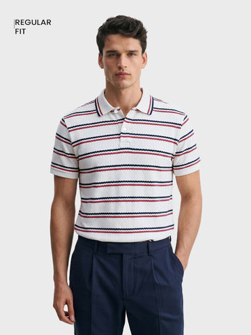 Men's White Regular Fit Striped Casual Flat Knit Polo T-Shirt