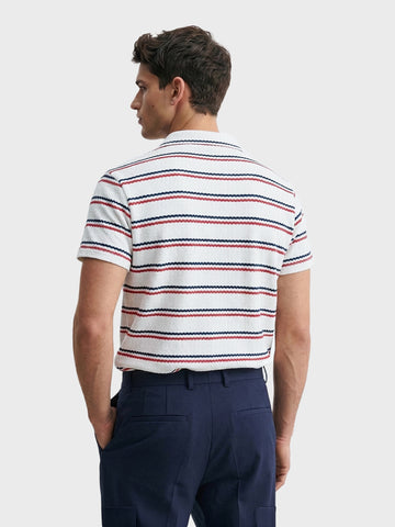 Men's White Regular Fit Striped Casual Flat Knit Polo T-Shirt
