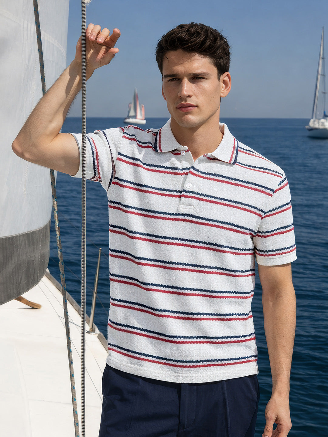 Men's White Regular Fit Striped Casual Polo T-Shirt
