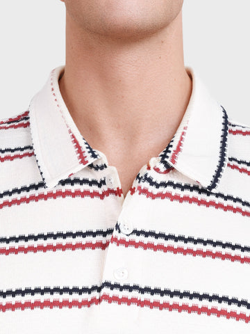 Men's White Regular Fit Striped Casual Flat Knit Polo T-Shirt