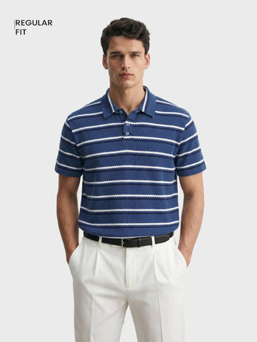 Men's Navy Blue Regular Fit Striped Casual Flat Knit Polo T-Shirt