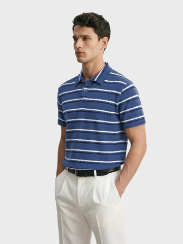 Men's Navy Blue Regular Fit Striped Casual Flat Knit Polo T-Shirt