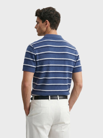 Men's Navy Blue Regular Fit Striped Casual Flat Knit Polo T-Shirt