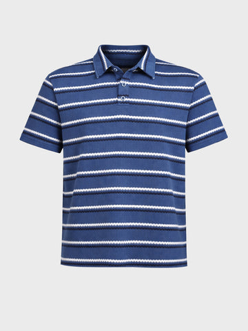 Men's Navy Blue Regular Fit Striped Casual Flat Knit Polo T-Shirt