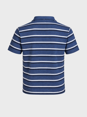 Men's Navy Blue Regular Fit Striped Casual Flat Knit Polo T-Shirt