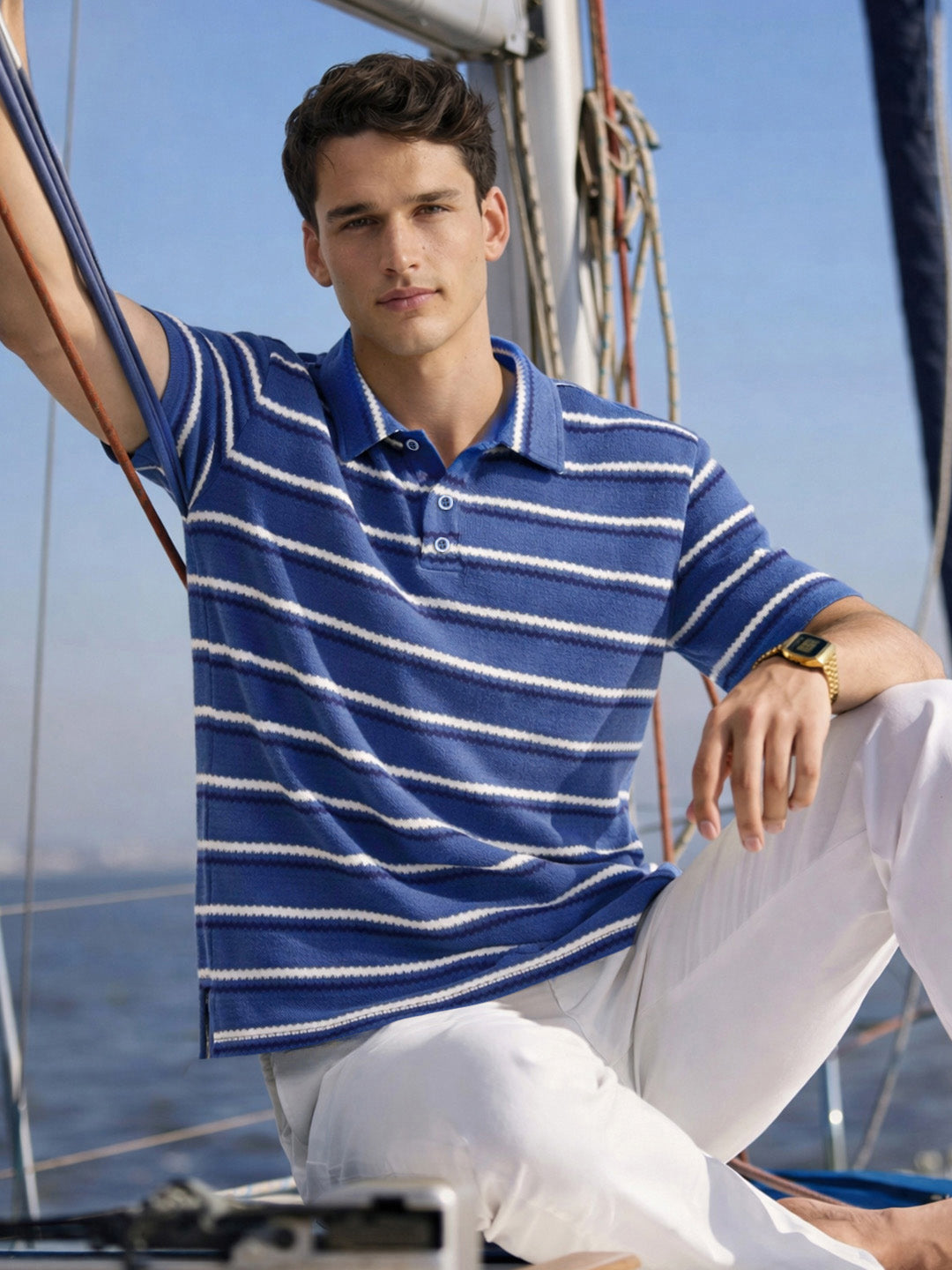 Men's Navy Blue Regular Fit Striped Casual Polo T-Shirt