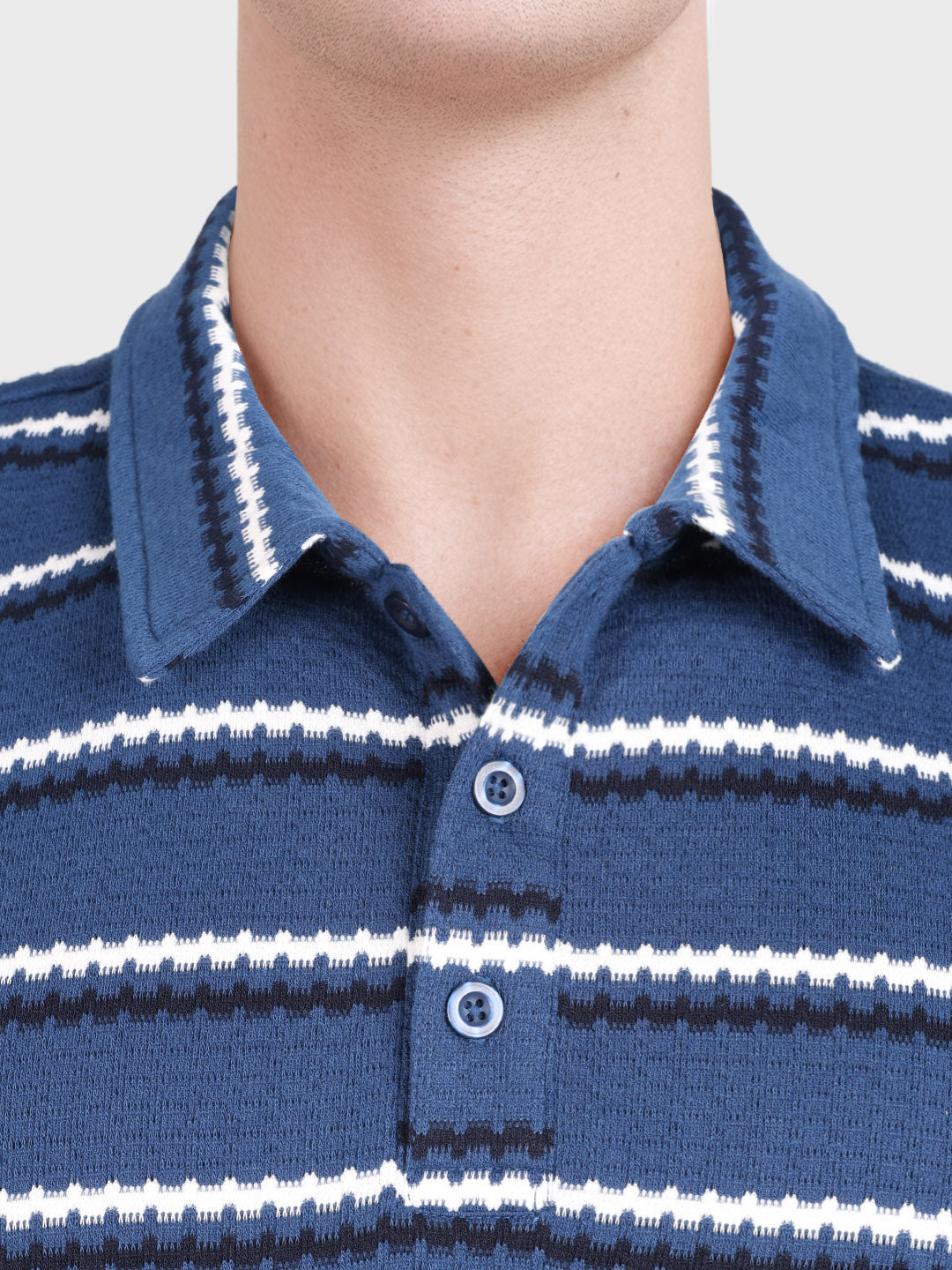 Men's Navy Blue Regular Fit Striped Casual Polo T-Shirt