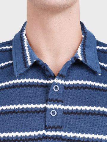 Men's Navy Blue Regular Fit Striped Casual Flat Knit Polo T-Shirt