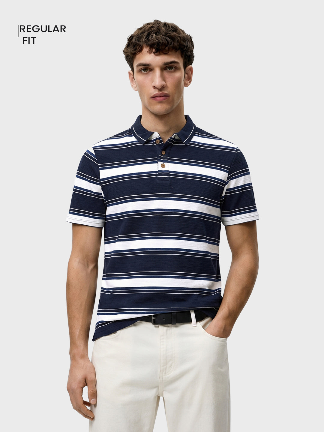 Men's Navy Blue Regular Fit Striped Casual Polo T-Shirt