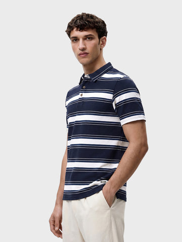 Men's Navy Blue Regular Fit Striped Casual Polo T-Shirt