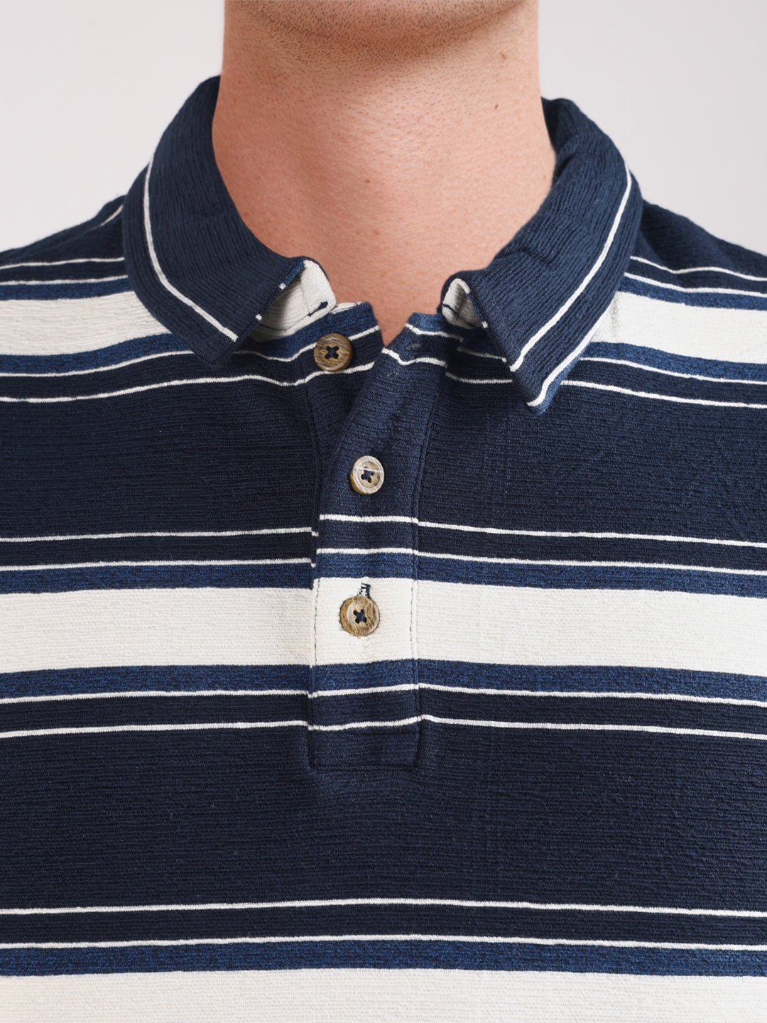 Men's Navy Blue Regular Fit Striped Casual Polo T-Shirt