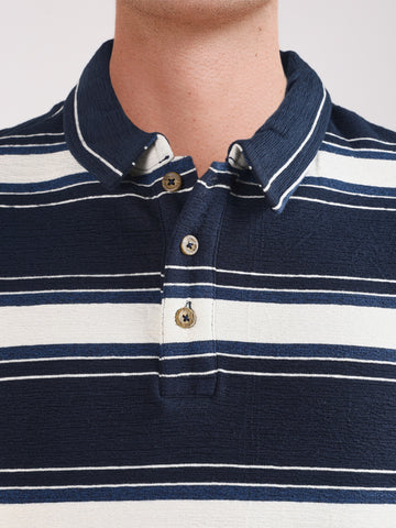Men's Navy Blue Regular Fit Striped Casual Polo T-Shirt