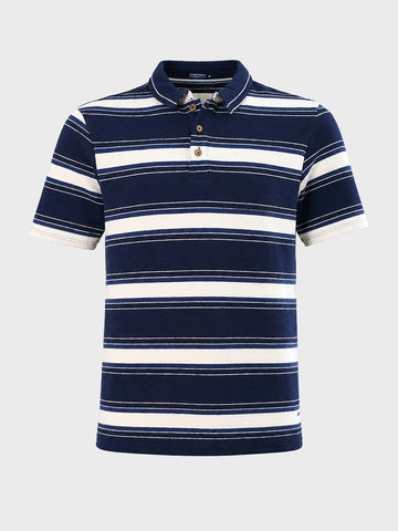 Men's Navy Blue Regular Fit Striped Casual Polo T-Shirt