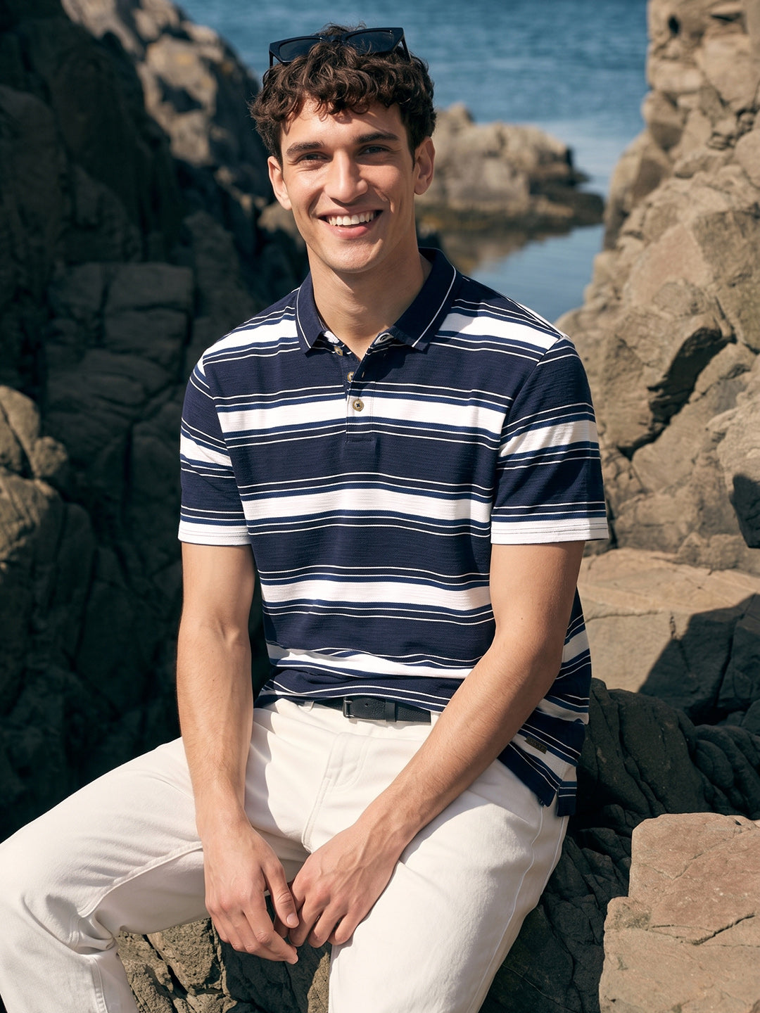 Men's Navy Blue Regular Fit Striped Casual Polo T-Shirt