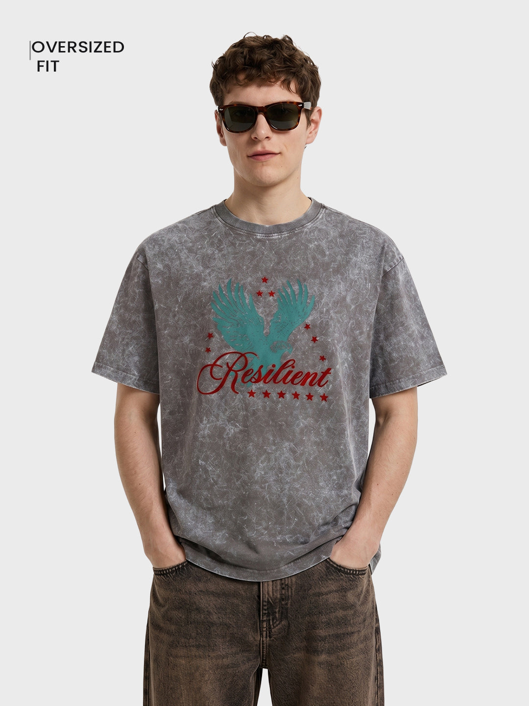 Men's Grey Oversized Fit Graphic Printed Casual T-Shirt