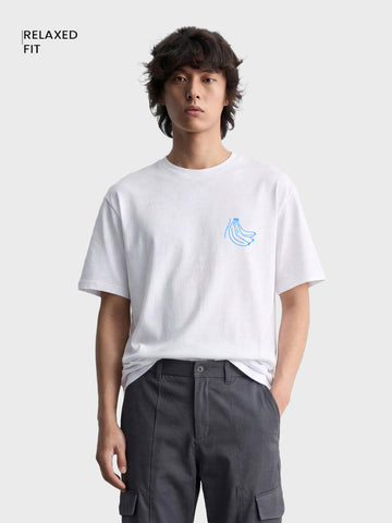 Men's White Relaxed Fit Printed Casual T-Shirt