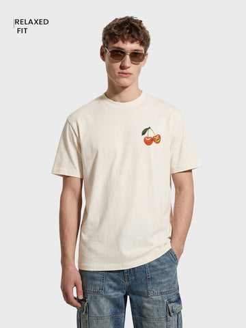 Men's Cream Relaxed Fit Graphic Printed Casual T-Shirt