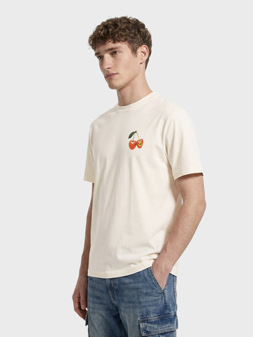 Men's Cream Relaxed Fit Graphic Printed Casual T-Shirt