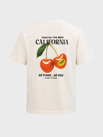 Men's Cream Relaxed Fit Graphic Printed Casual T-Shirt
